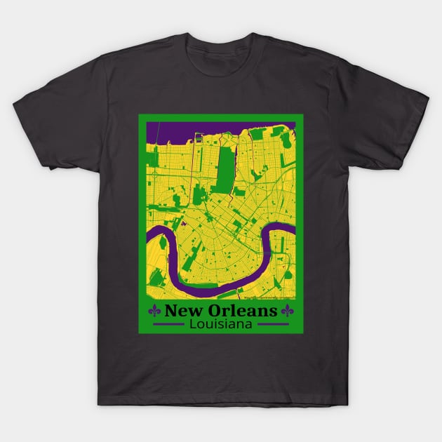 New Orleans Map - Mardi Gras Colors T-Shirt by ObscureDesigns